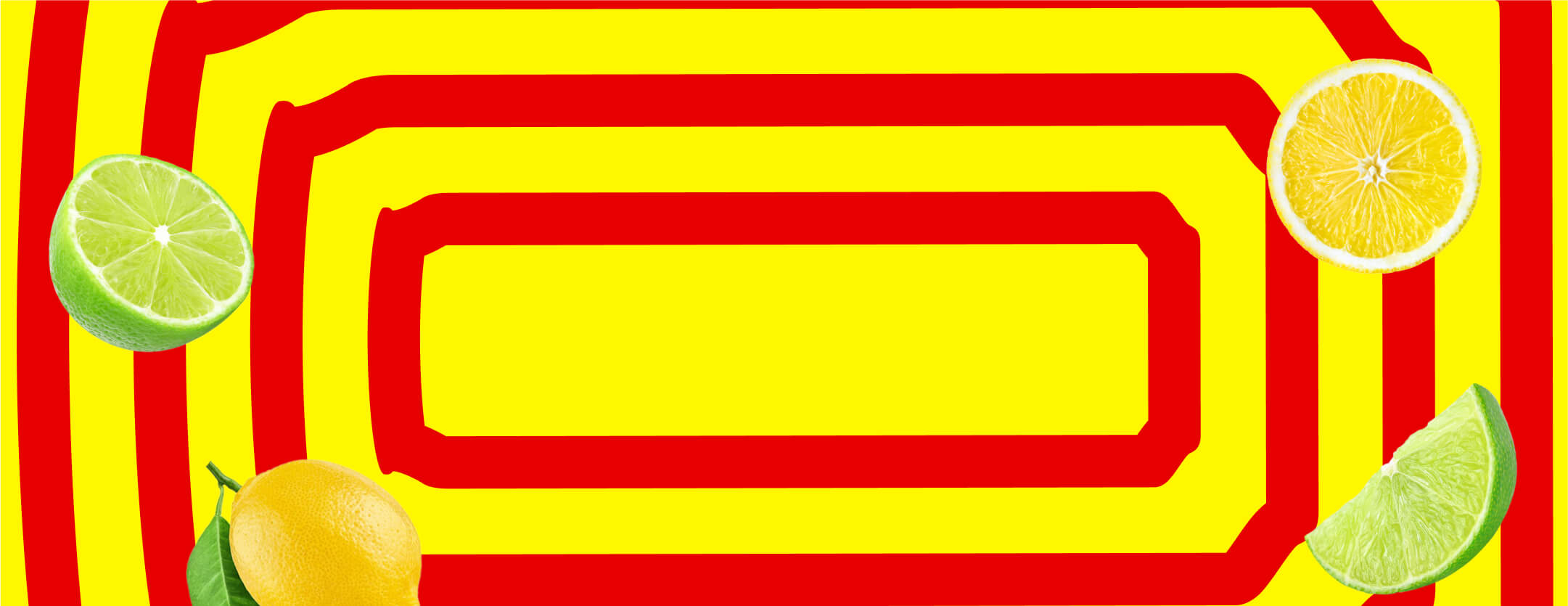 Yellow background with red stripes, lemons, and limes